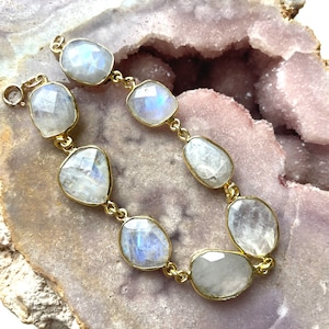 Rainbow Moonstone Bracelet: Gold Plated Chain Bracelet
