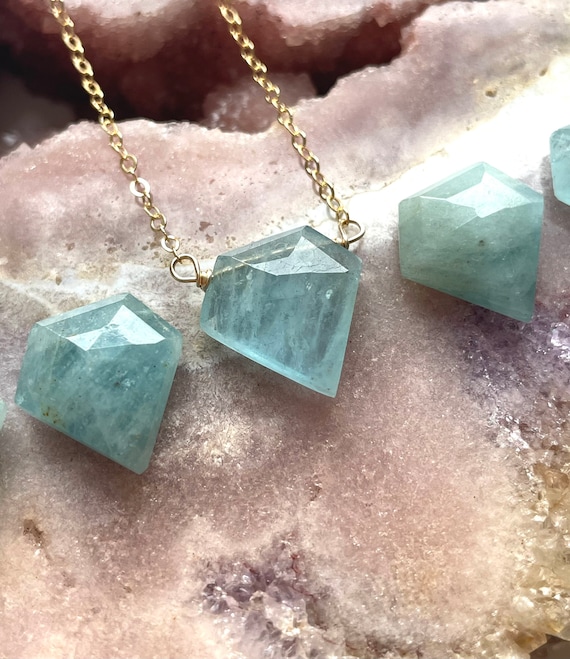 Raw Aquamarine Pendant Necklace March Birthday Jewelry Natural