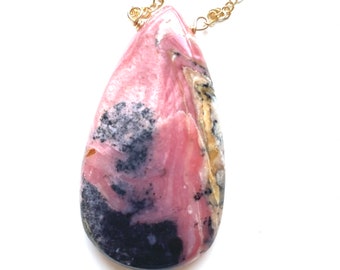 Large Pink Opal Pendant Necklace 16” Gold Filled Chain