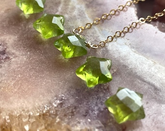 Raw Peridot Necklace Gold, Dainty August Birthstone Jewelry, Gift For Her, TINY Crystal Star Pendant Necklace, Silver or Gold