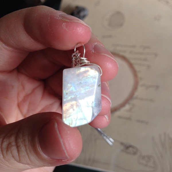 Rainbow Moonstone Necklace, Rainbow Moonstone, Silver Raw Rainbow Moonstone, Moonstone Jewlery