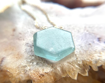 Raw Aquamarine Crystal Pendant Necklace: Sterling Silver, March Birthstone