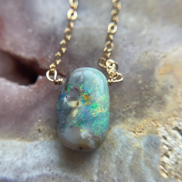 Raw Australian Opal Necklace: 14k Gold Filled Chain, October Birthstone