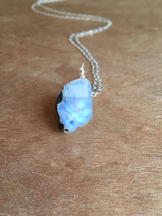 Moonstone Pendant Dainty Moonstone Necklace Silver Wire Wrap Crystal Necklace. Rainbow Moonstone Jewelry Blue Flash Moonstone