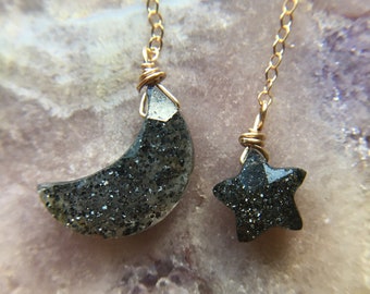 Black Sunstone Moon and Star Earrings: Witchy Celestial Jewelry