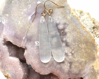 Selenite Earrings, Raw Stone Earrings, Raw Crystal Earrings, Long Dangle Stone Earrings, Crystal Healing, Earrings For Women