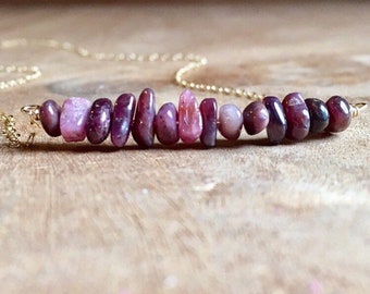 Raw Ruby Bar Necklace: July Birthstone, Gold Filled or Sterling Silver