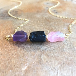 Empath Protection Necklace- Raw Stone Necklace - Grounding Crystal - Jewelry Gift - Black Tourmaline - Rose Quartz - Amethyst