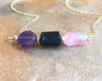 Empath Protection Necklace- Raw Stone Necklace - Grounding Crystal - Jewelry Gift - Black Tourmaline - Rose Quartz - Amethyst