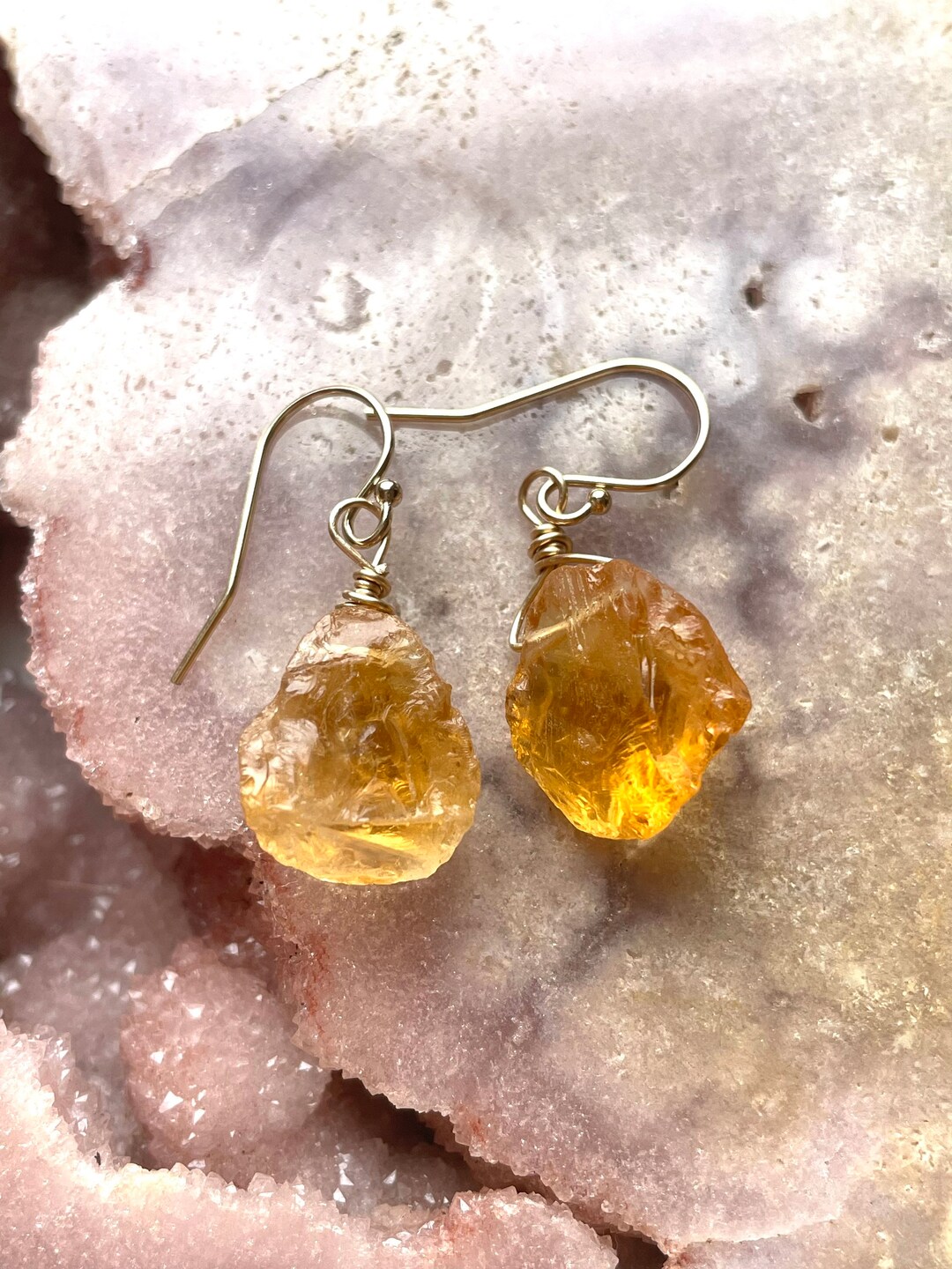 Raw Citrine Dangle Earrings: 14k Gold Fill, November Birthstone