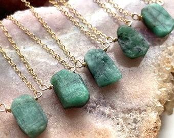 Raw Emerald Necklace: May Birthstone, Sterling Silver or Gold Filled