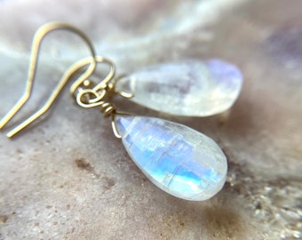 Rose Gold Moonstone Earrings - Drop Earrings Gold  - June Birthstone Earrings - Rainbow Moonstone Jewelry - Gift For Her - Wife