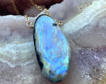 Rainbow Moonstone Pendant: 14k Gold Filled Chain, June Birthstone