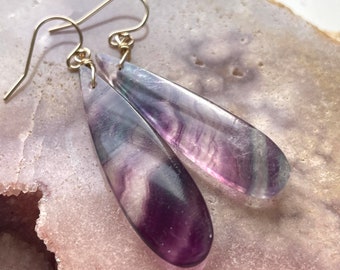 Fluorite Earrings Gold Filled , Purple Crystal Earrings, Statement Earrings, Long Earrings, Bohemian Drop Earrings