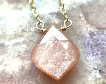Peach Moonstone Necklace: Sterling Silver or Gold Filled Chain