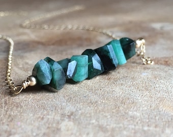Raw Emerald Necklace: Faceted May Birthstone, Sterling Silver or Gold