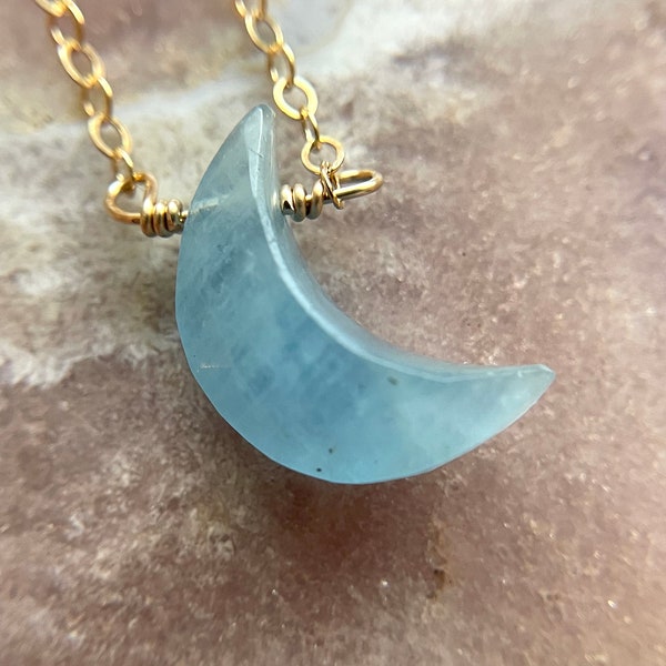 Aquamarine Crystal Moon Necklace 14Kt Gold Filled or Sterling Silver Chain, March Birthstone Jewelry