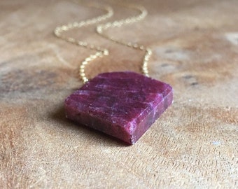 Raw Ruby Necklace, Genuine Ruby Pendant, July Birthstone Necklace, Geometric Necklaces For Women, Gift For Wife