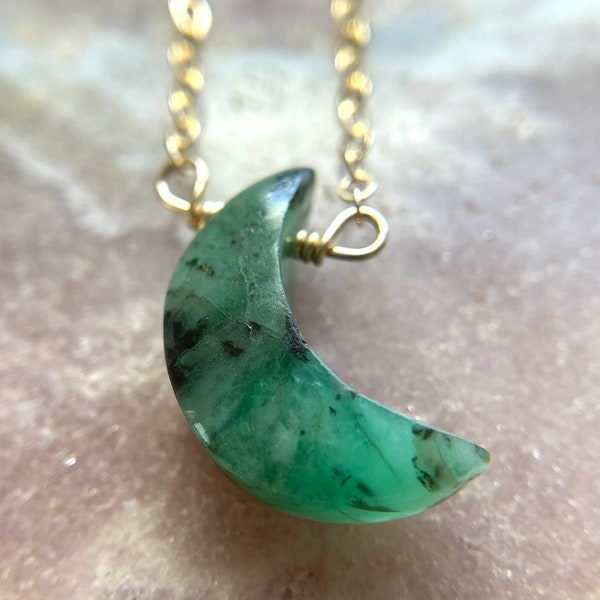 Natural Emerald Necklace, Crescent Moon Necklace, Gold Necklace, Gemstone Necklace, May Birthstone Gift For Women, Necklace For Women