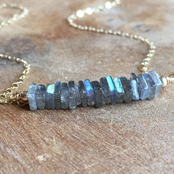 Small Labradorite Bar Necklace Silver or Gold - Labradorite Jewelry - Crystal Necklace - Gift For Sister Mom Daughter Friend