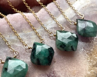Raw Emerald Pendant Necklace: May Birthstone, Sterling Silver or Gold