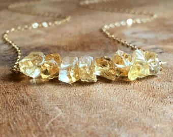Raw Citrine Necklace: November Birthstone, Sterling Silver or Gold Chain
