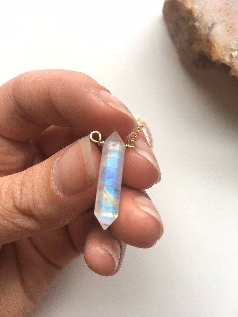 Rainbow Moonstone Necklace Gold or Silver, Crystal Point Necklace, June Birthstone, Gift For Women image 3