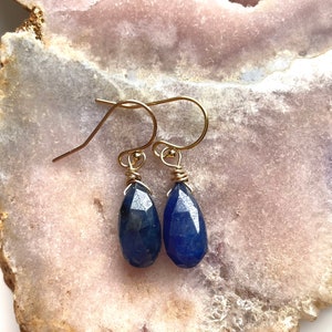 Raw Sapphire Teardrop Earrings: September Birthstone, 14k Gold Filled