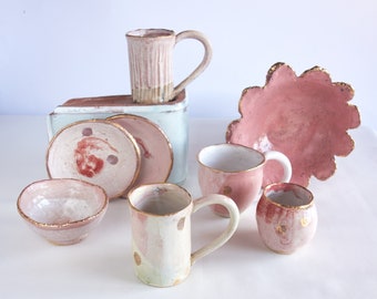 Set of unique handmade pink ceramic tableware created by a graduated artist with 20y of experience, Coffee Mug, Unique Tea Mug, 220ml/8oz