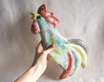 XXLarge ceramic, handmade, colorful rooster to hang on the wall