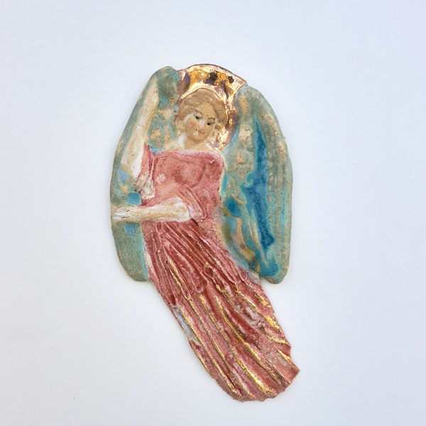 Large size ceramic, handmade, gilded angel with a miniature angelic, hand-painted face.