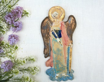 XLarge size ceramic, handmade, gilded angel with a miniature angelic, hand-painted face.