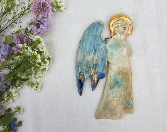 Large size ceramic, handmade, gilded angel with a miniature angelic, hand-painted face.