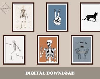 Spooky Halloween Prints | Black Cat, Skeleton, Witchy Decor (Digital Download)