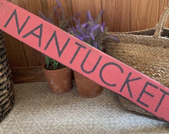 Nantucket sign on barnwood hand-painted distressed rustic 30" x 4" READY 2 SHIP