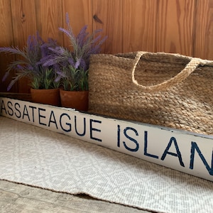 Assateague Island, Virginia znak na stodole z drewna, ręcznie robiony, rustykalny, zniszczony, ok. 42&quot; x 3,5&quot; GOTOWY DO WYSYŁKI