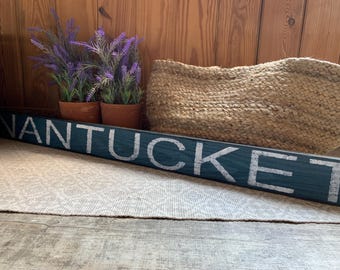 Nantucket sign on barnwood hand-painted distressed rustic 49 1/2" x 3 1/2" READY 2 SHIP