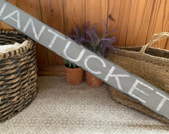 Nantucket sign on barnwood hand-painted distressed rustic 48" x 4" READY 2 SHIP