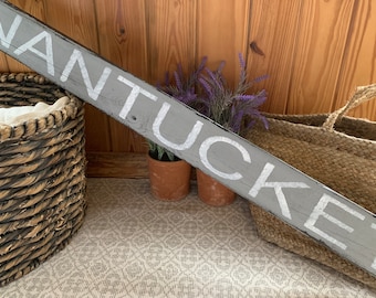 Nantucket sign on barnwood hand-painted distressed rustic 48" x 4" READY 2 SHIP