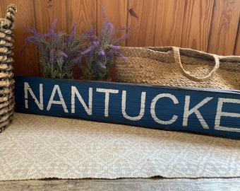 Nantucket sign on barnwood hand-painted distressed rustic 40" x 6" READY 2 SHIP