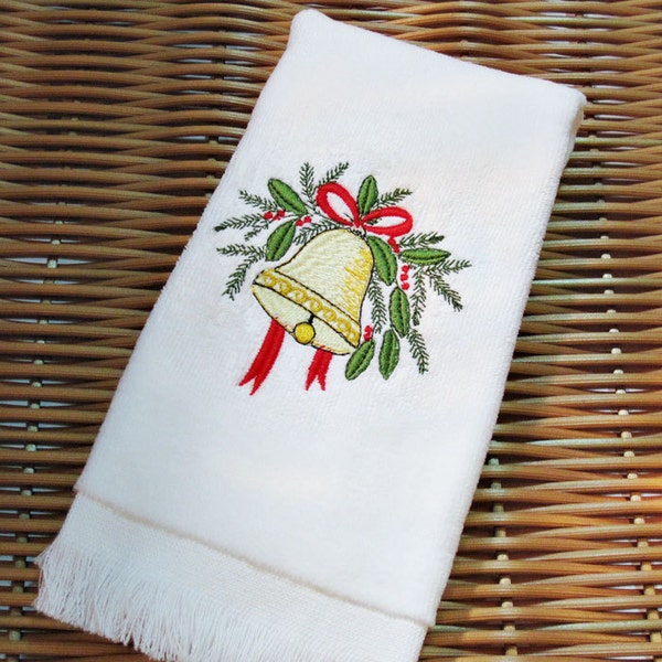 Christmas Bell and Greenery Embroidered Fingertip Guest Towel Handmade