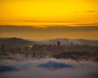 San Francisco y el Puente de la Bahía al atardecer, Landscape Photo.