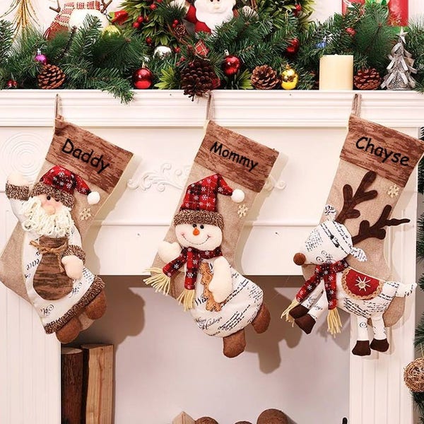 Personalized Christmas Stocking, Reindeer Stocking, Snowman Stocking, Santa Stocking, Brown Stocking, Beige Stocking, Christmas Stocking