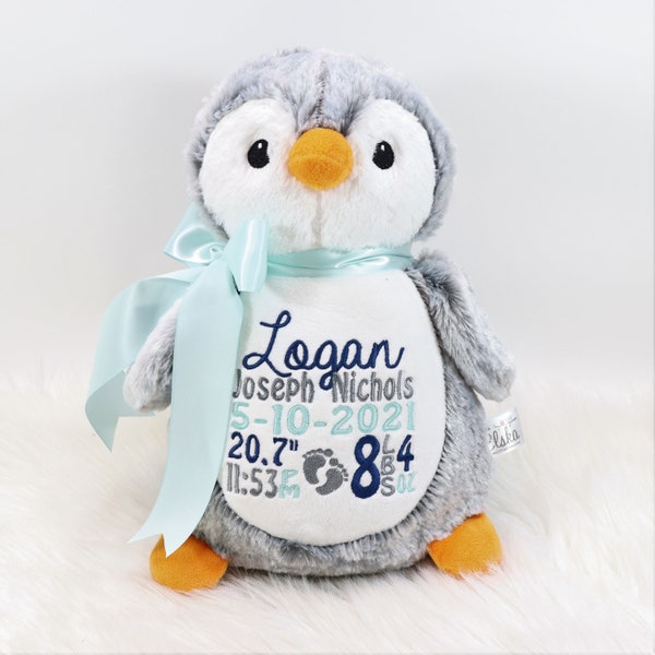 Personalized Stuffed Animal, Personalized Penguin, Birth Stats Penguin, Embroidered Stuffed Animal, Birth Announcement, Embroidered Animal