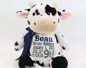 Personalized Stuffed Animal, Personalized Cow, Birth Stats Animal, Embroidered Stuffed Animal, Birth Announcement, Embroidered Animal