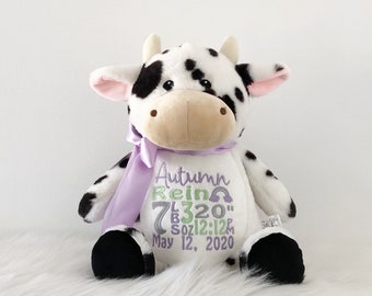 Personalized Stuffed Animal, Personalized Cow, Birth Stats Animal, Embroidered Stuffed Animal, Birth Announcement, Embroidered Animal