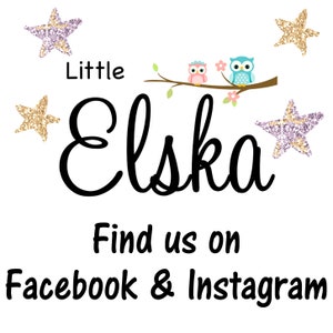 May include: A white background with the name "Elska" in large black cursive letters, with the word "Little" above it. The image includes gold and purple glitter stars and a branch with two cartoon owls. Text at the bottom says "Find us on Facebook & Instagram."