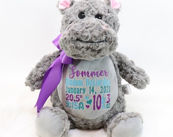 Personalized Stuffed Animal, Personalized Hippo, Birth Stat Animal, Embroidered Stuffed Animal, Birth Announcement, Embroidered Animal