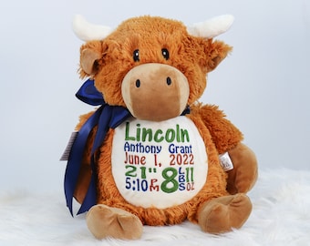 Personalized Stuffed Animal, Personalized Highland Cow, Birth Stats Animal, Embroidered Stuffed Animal, Birth Announcement, Embroidered Cow