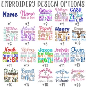 May include: Embroidery design options with various names and dates, including measurements in inches and weights in ounces. The designs feature names like Tillie, Alexis, Piper, and Henry, with decorative elements such as stars, unicorns, and rainbows.